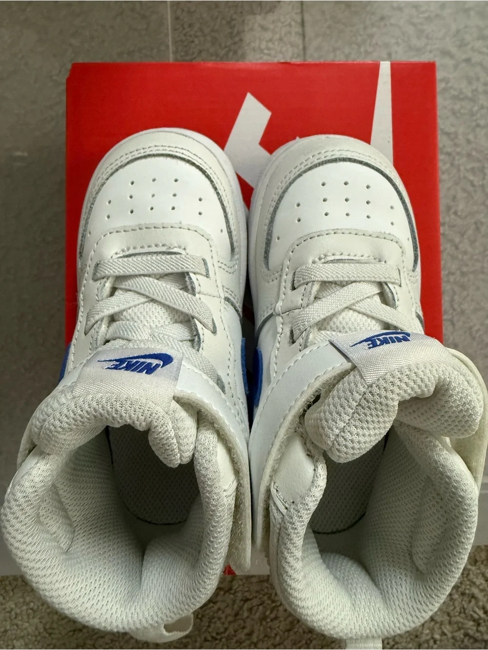 Nike Kids White and Blue High-Top Sneakers with Velcro Strap